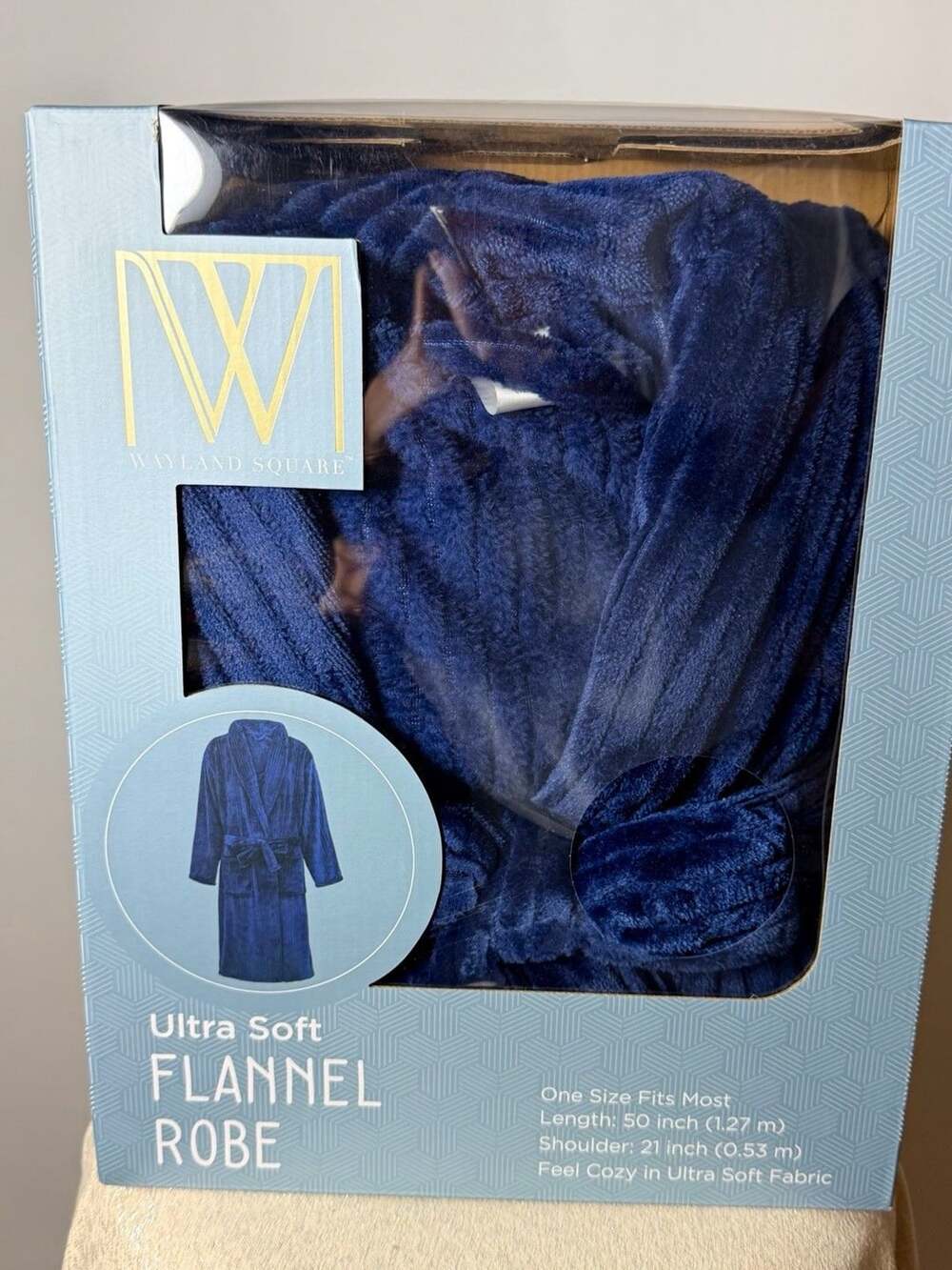 Wayland Square Women's Solid Blue Flannel Robe Belted Tie Pockets One Size